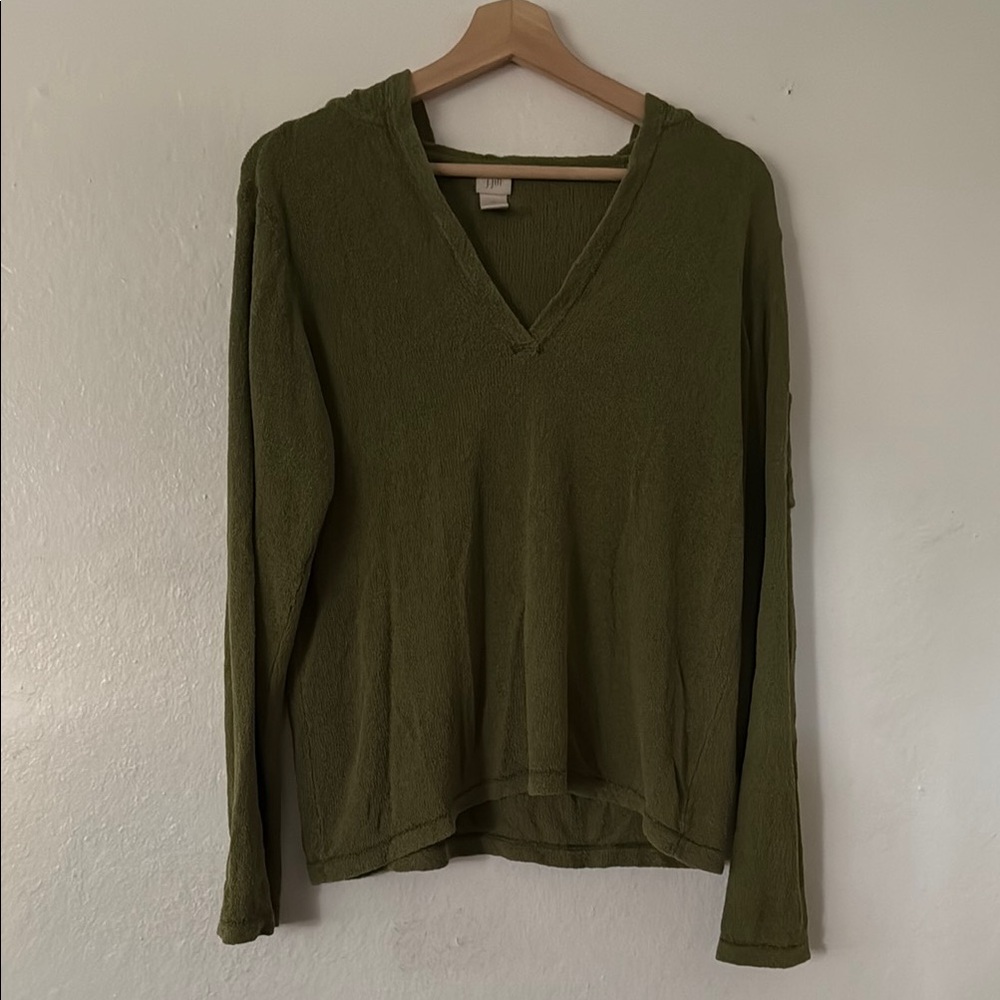 J. Jill V-Neck Silk Blend Hoodie in Green Sz M